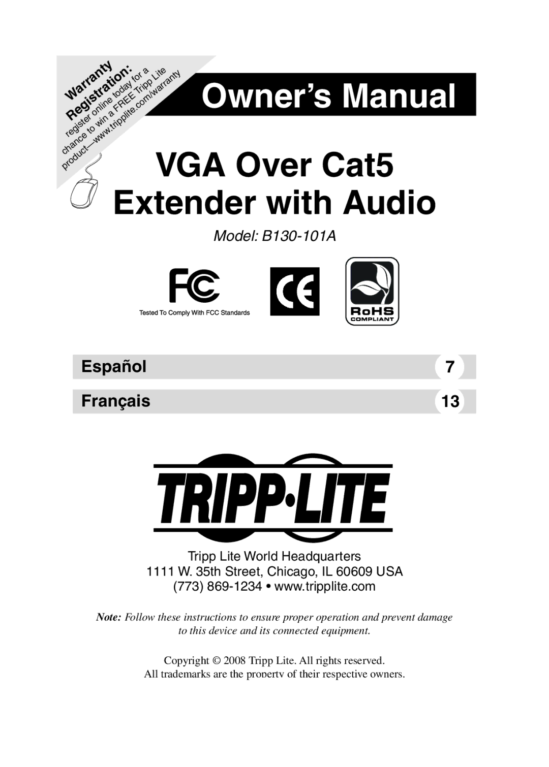 Tripp Lite B130-101A owner manual VGA Over Cat5 