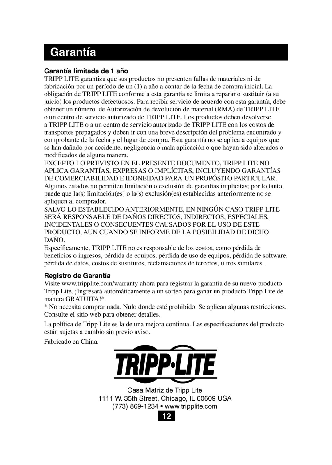 Tripp Lite B130-101A owner manual Garantía limitada de 1 año 