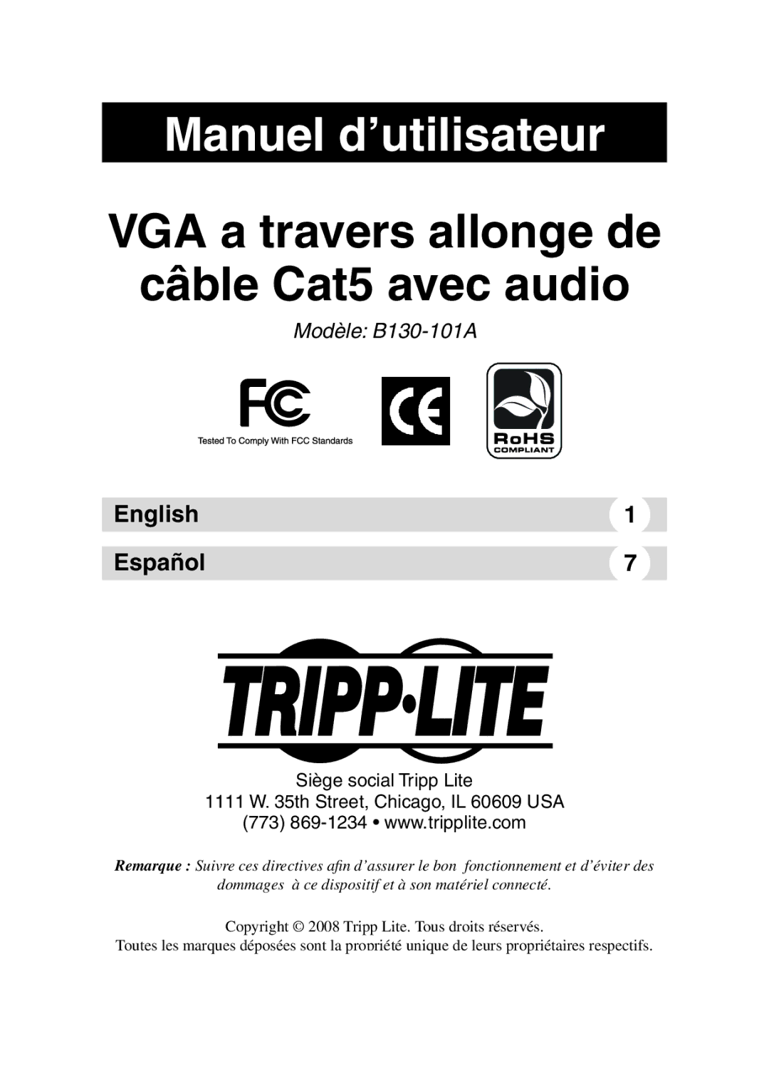 Tripp Lite B130-101A owner manual Manuel d’utilisateur, Siège social Tripp Lite Th Street, Chicago, IL 60609 USA 