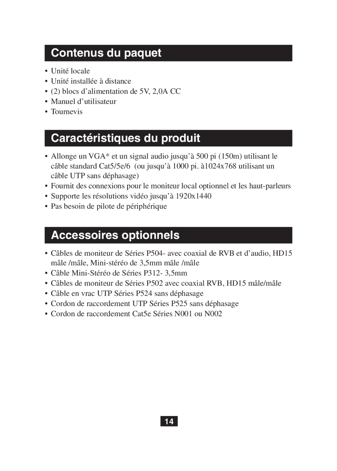 Tripp Lite B130-101A owner manual Contenus du paquet, Caractéristiques du produit, Accessoires optionnels 