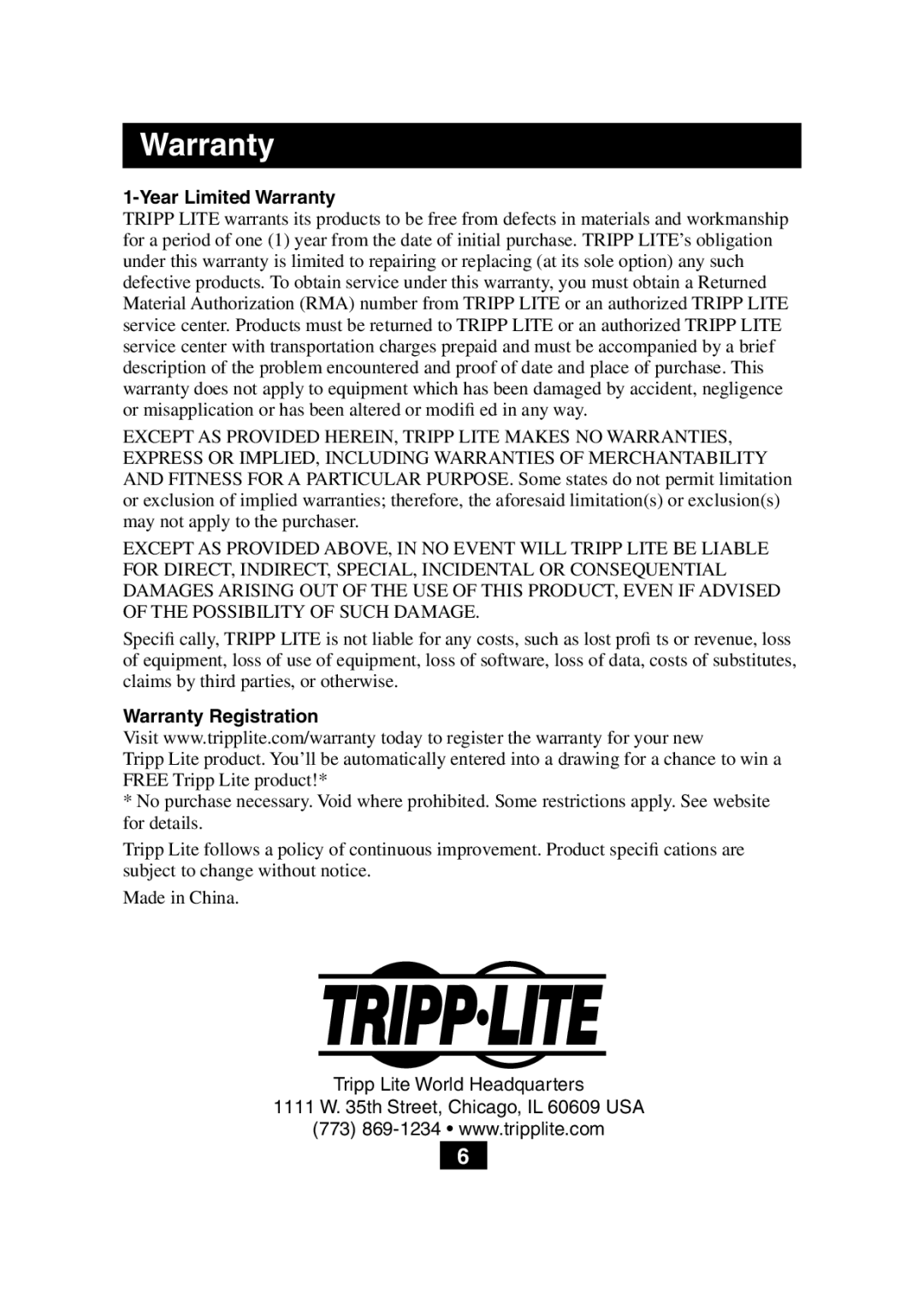 Tripp Lite B130-101A owner manual Year Limited Warranty 