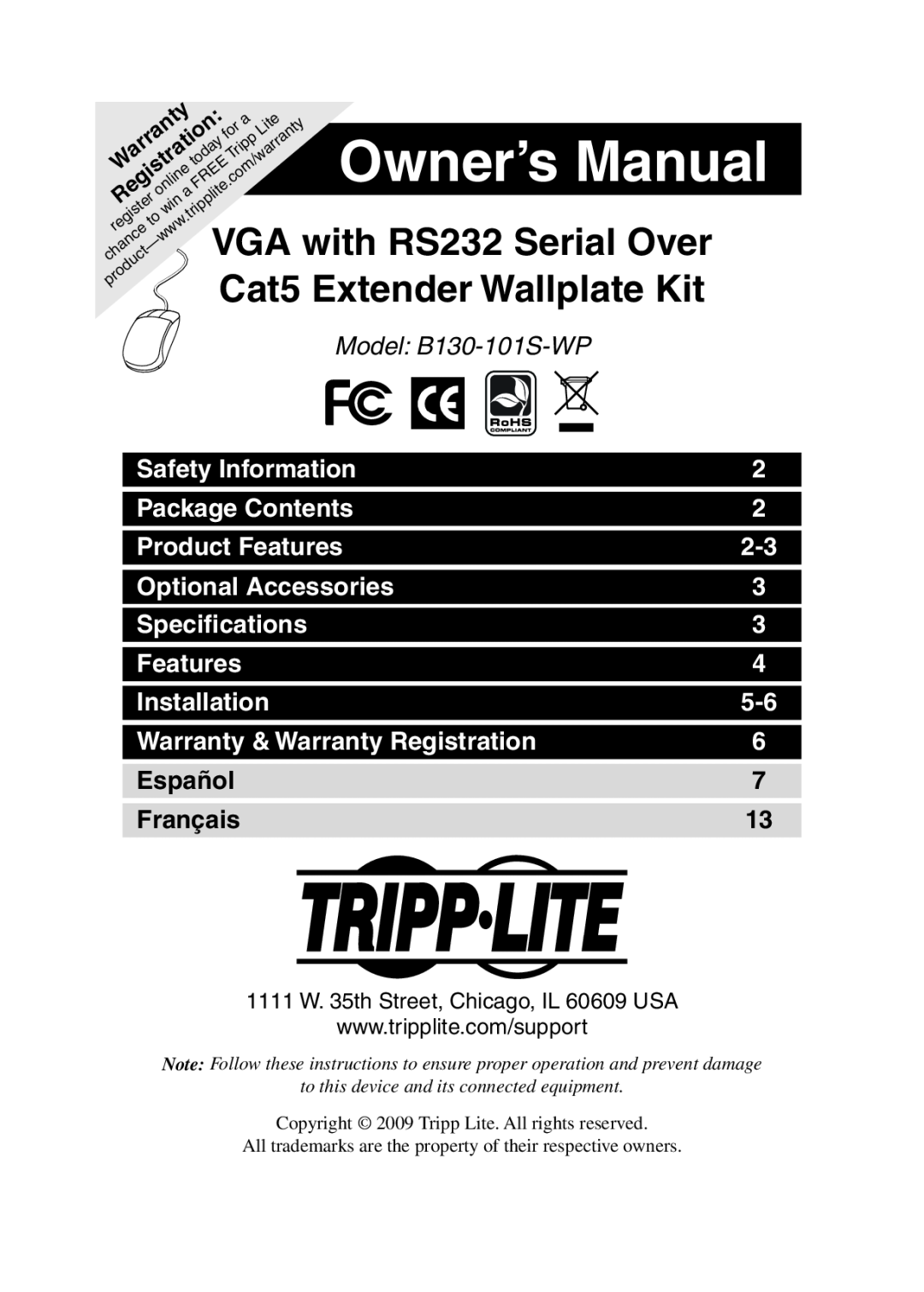 Tripp Lite owner manual Owner’s Manual, Cat5, Model B130-101S-WP 