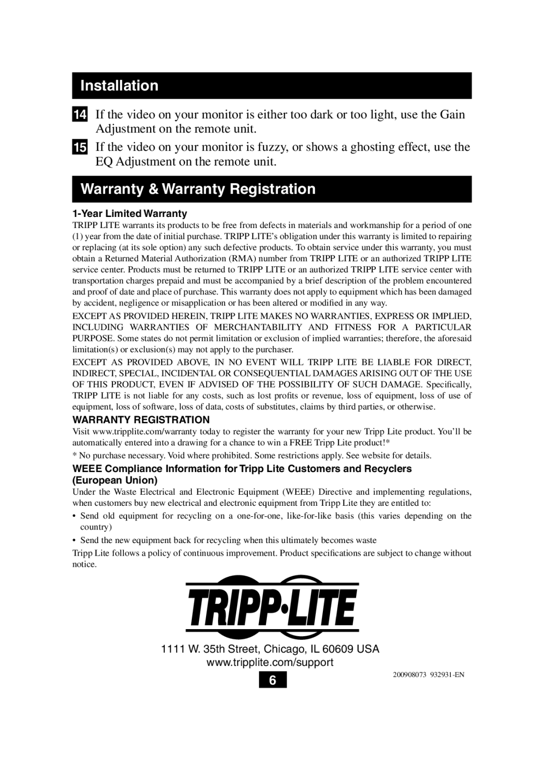 Tripp Lite B130-101S-WP 1111 W. 35th Street, Chicago, IL 60609 USA, Year Limited Warranty, Warranty Registration 