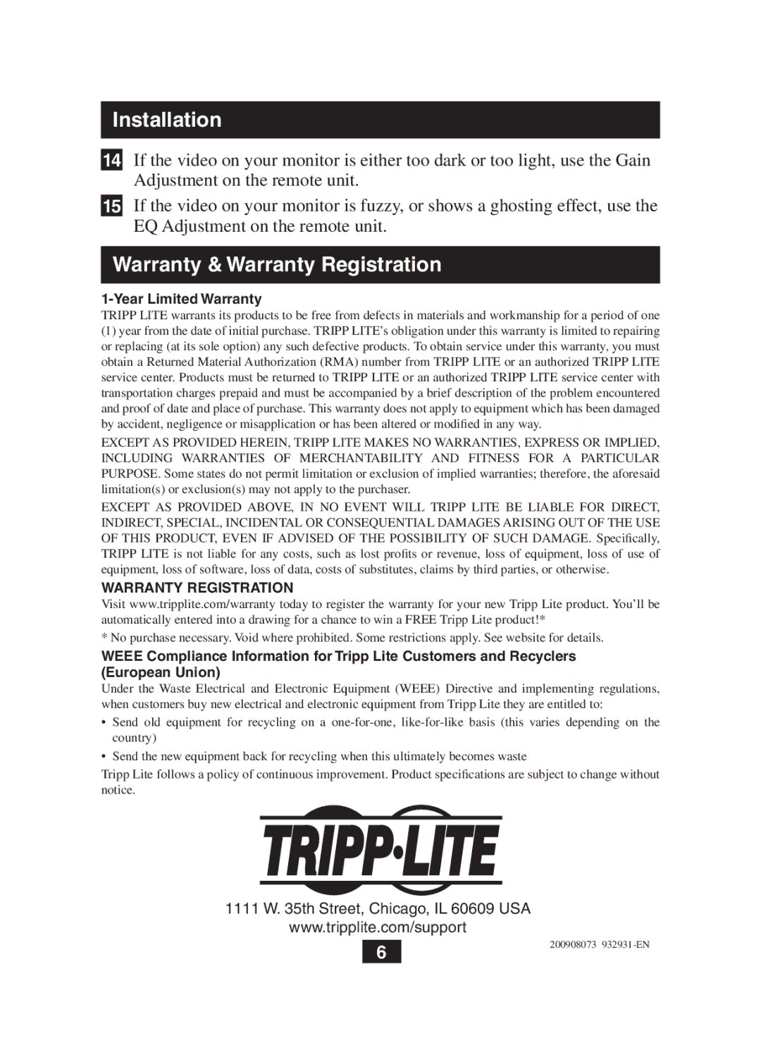 Tripp Lite B130-101S-WP owner manual Th Street, Chicago, IL 60609 USA 