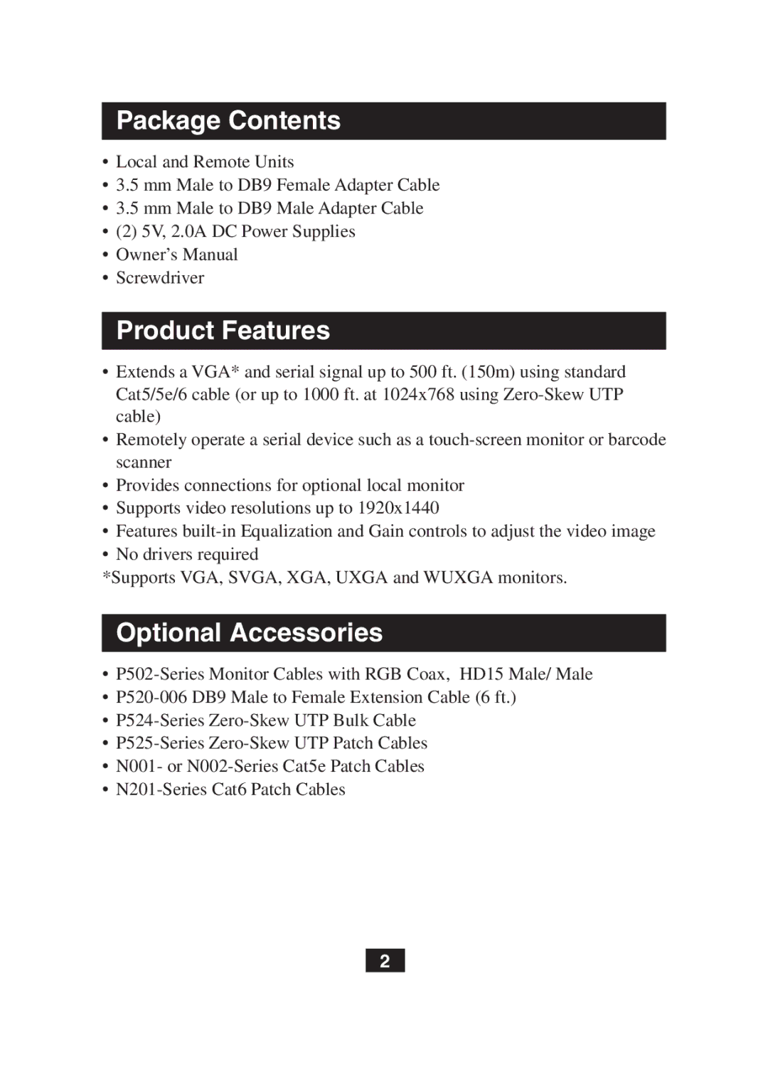 Tripp Lite B130-101S owner manual Package Contents, Product Features, Optional Accessories 