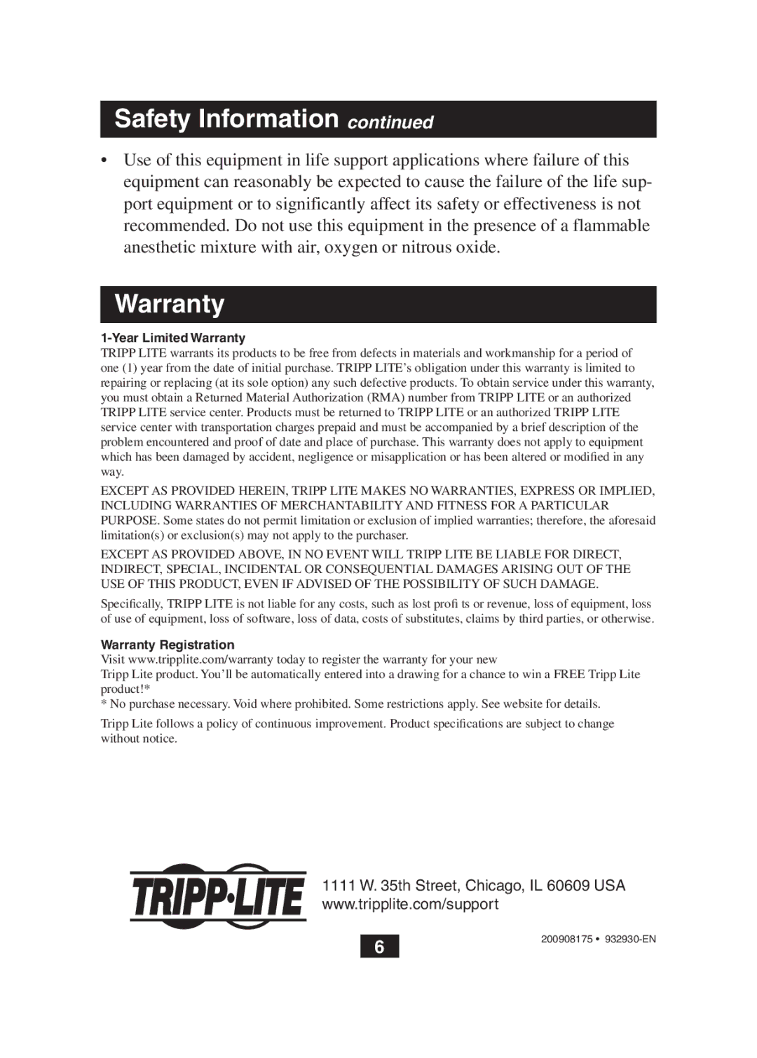 Tripp Lite B130-101S owner manual Year Limited Warranty 