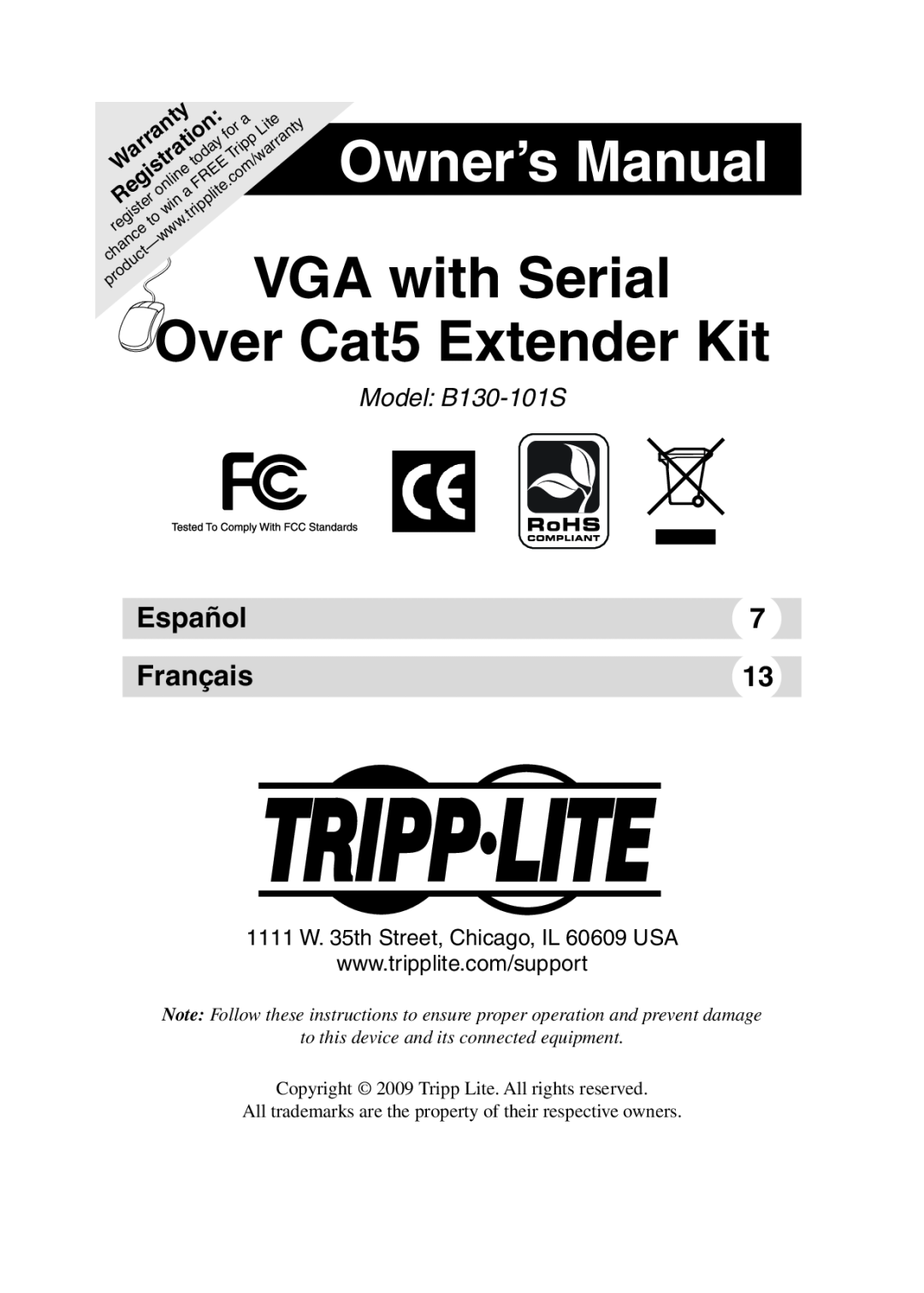 Tripp Lite B130-101S owner manual Owner’s Manual, VGA with Serial, Over Cat5 Extender Kit, Español, Français, Warranty 