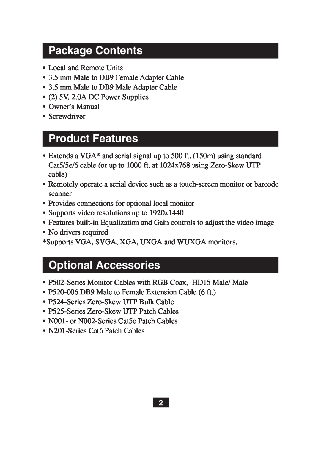 Tripp Lite B130-101S owner manual Package Contents, Product Features, Optional Accessories 