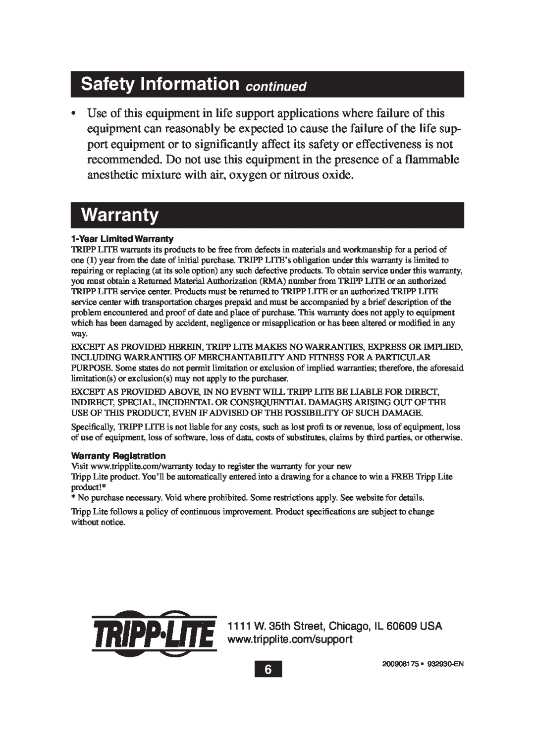 Tripp Lite B130-101S owner manual Safety Information continued, Year Limited Warranty, Warranty Registration 