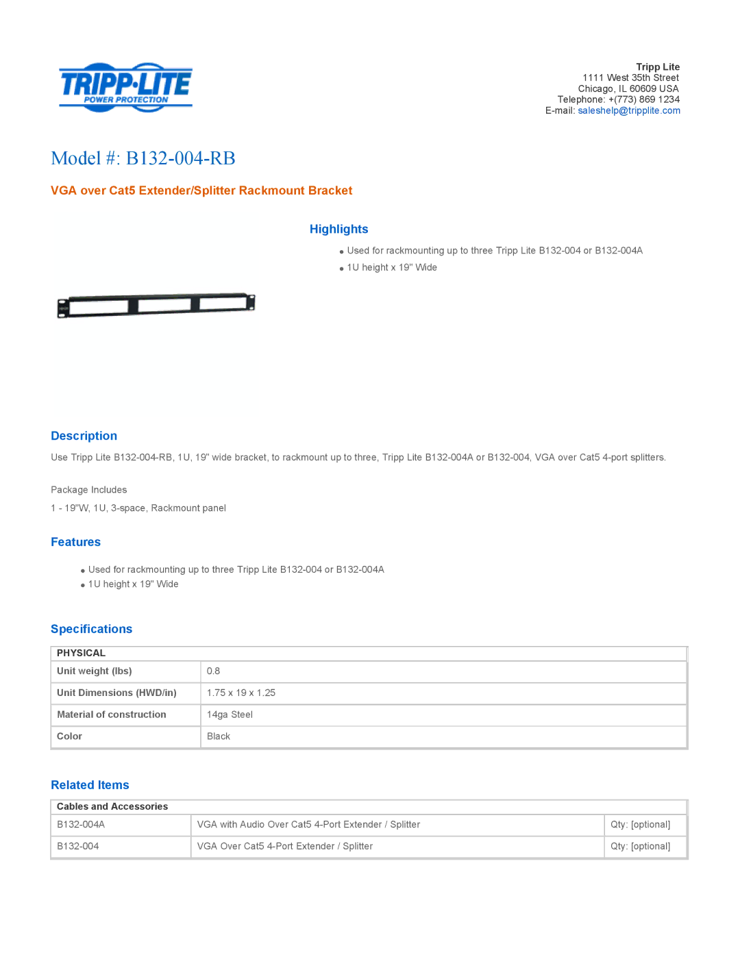 Tripp Lite specifications Model # B132-004-RB, VGA over Cat5 Extender/Splitter Rackmount Bracket 