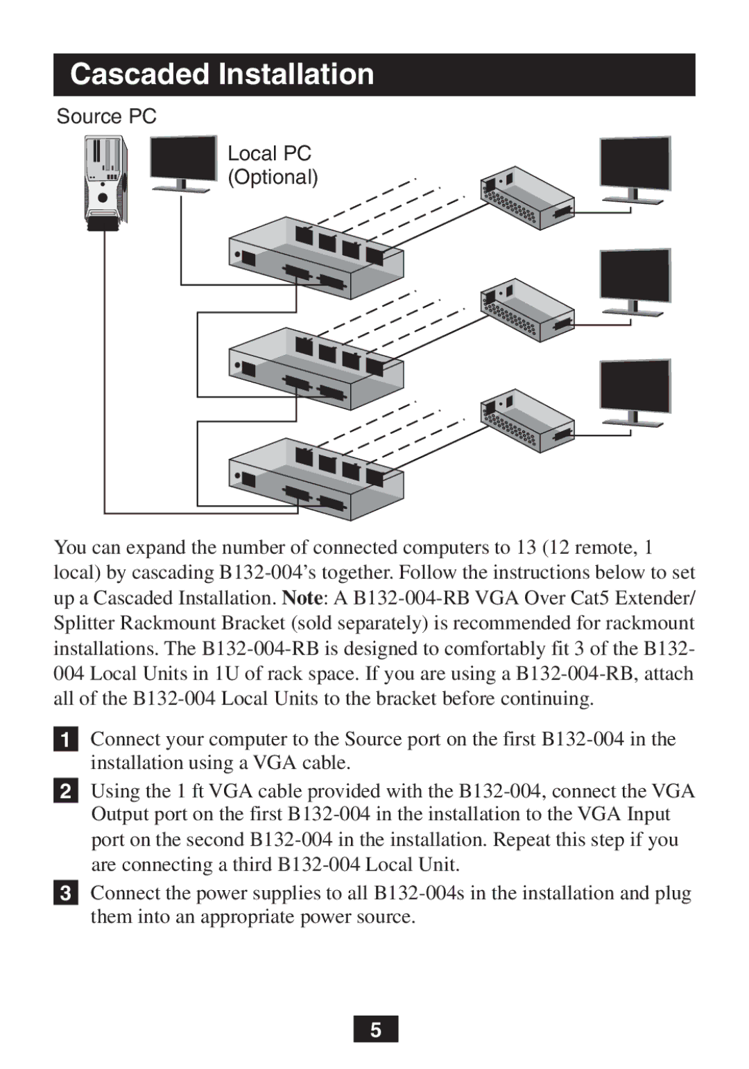 Tripp Lite B132-004 owner manual Cascaded Installation, Source PC Local PC Optional 