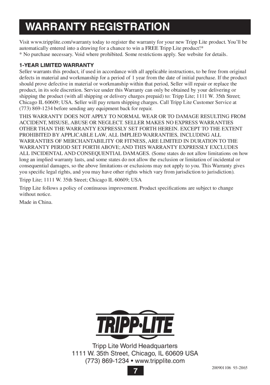 Tripp Lite B132-004 owner manual Warranty Registration 