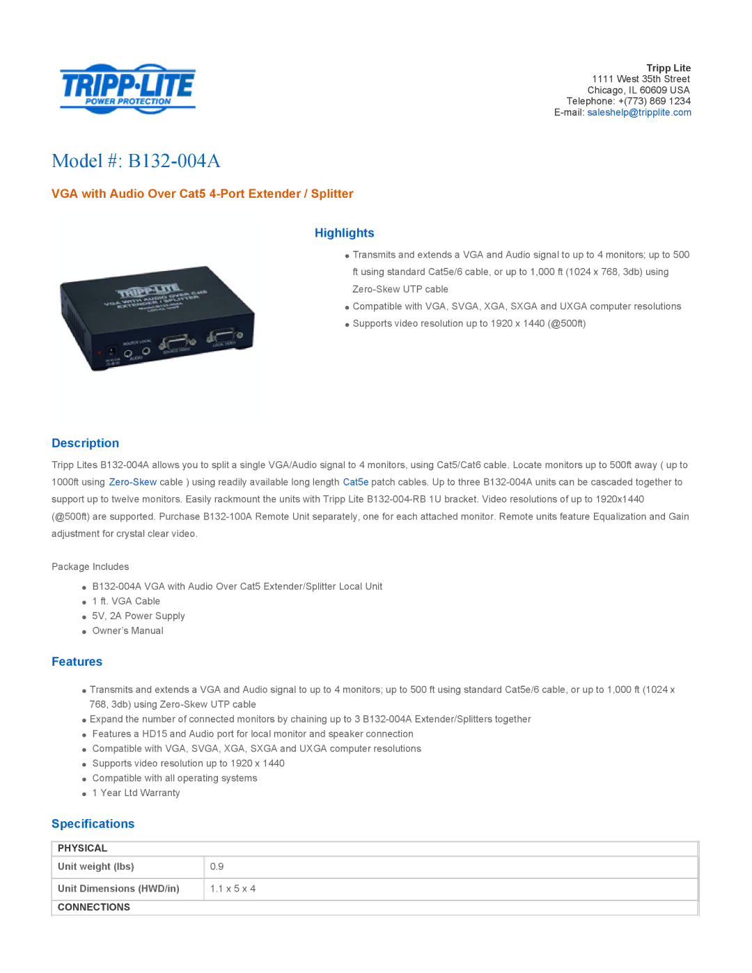 Tripp Lite specifications Model # B132-004A, VGA with Audio Over Cat5 4-Port Extender / Splitter 