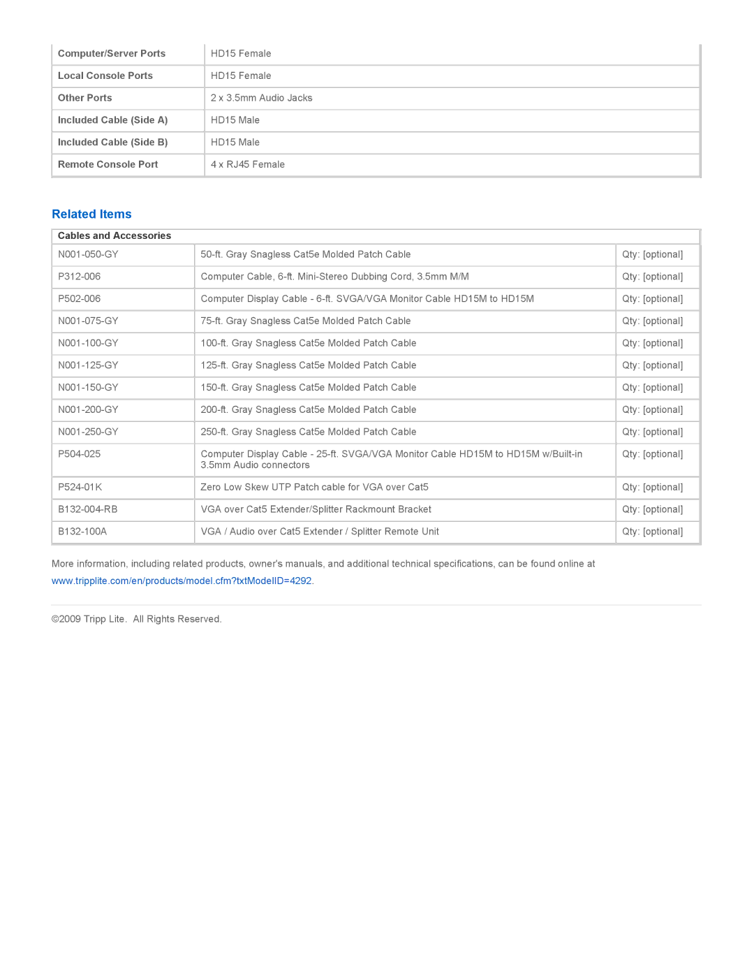 Tripp Lite B132-004A specifications Related Items, Cables and Accessories 