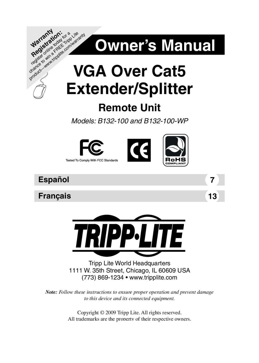 Tripp Lite B132-100-WP owner manual VGA Over Cat5 