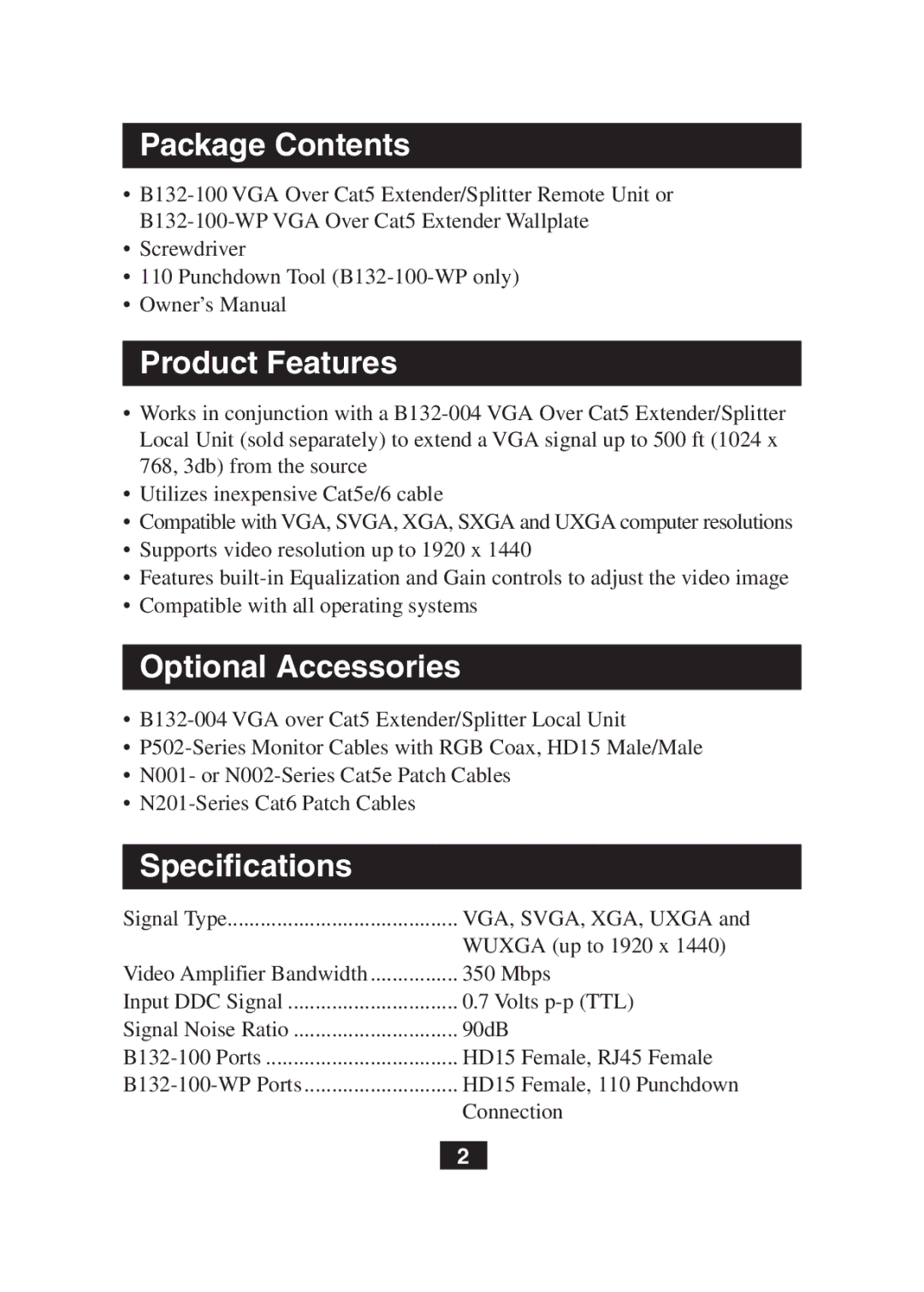 Tripp Lite B132-100-WP owner manual Package Contents, Product Features, Optional Accessories, Specifications 