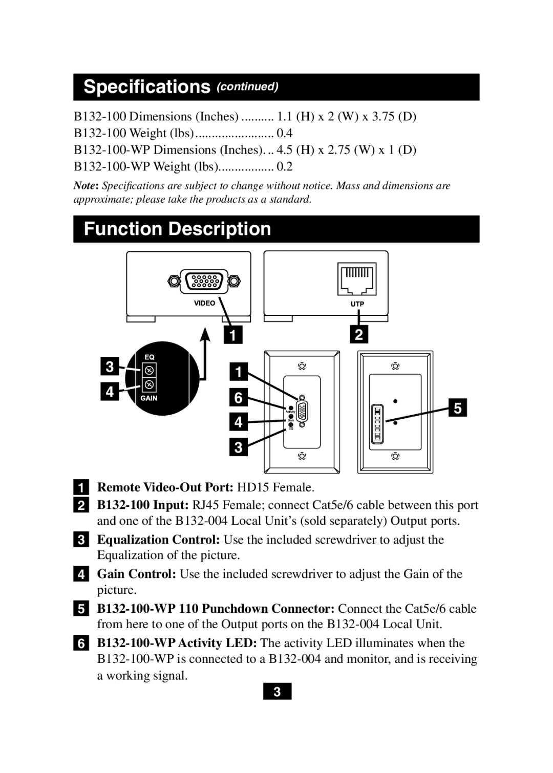 Tripp Lite B132-100-WP owner manual Function Description, Remote Video-Out Port HD15 Female 