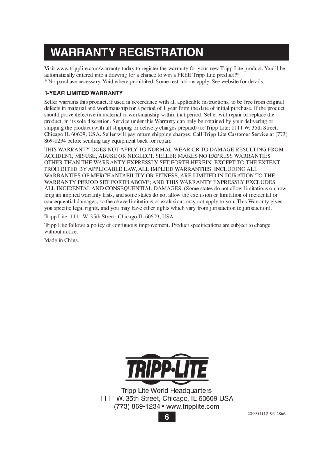 Tripp Lite B132-100-WP owner manual Warranty Registration 