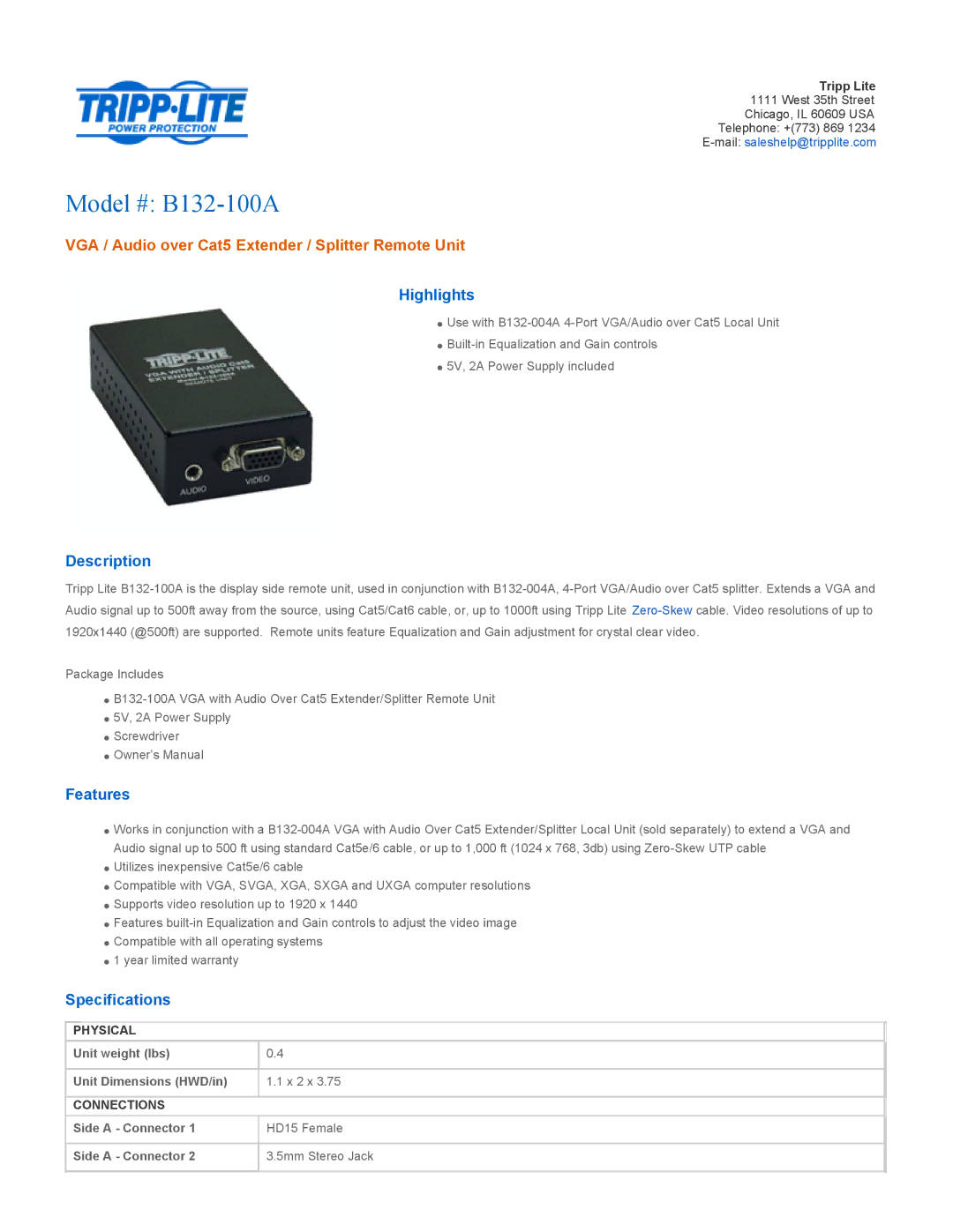 Tripp Lite specifications Model # B132-100A, VGA / Audio over Cat5 Extender / Splitter Remote Unit 