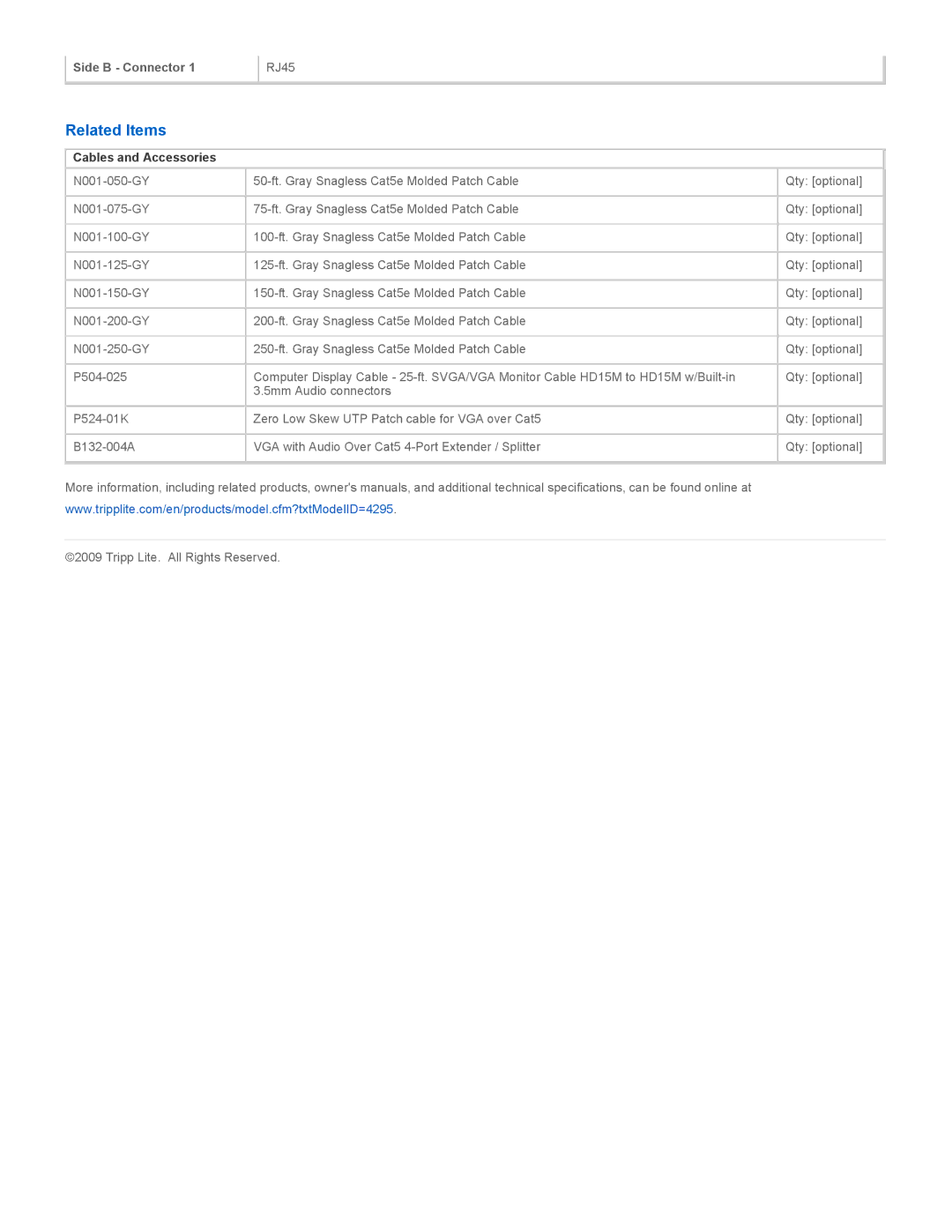 Tripp Lite B132-100A specifications Related Items, Cables and Accessories 