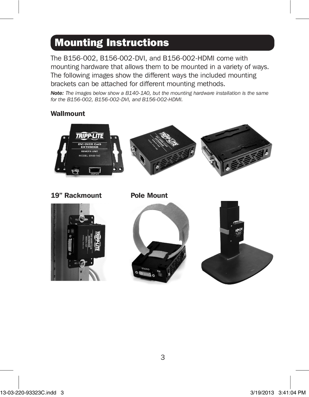 Tripp Lite B156-002-DVI, B156-002-HDMI owner manual Mounting Instructions 