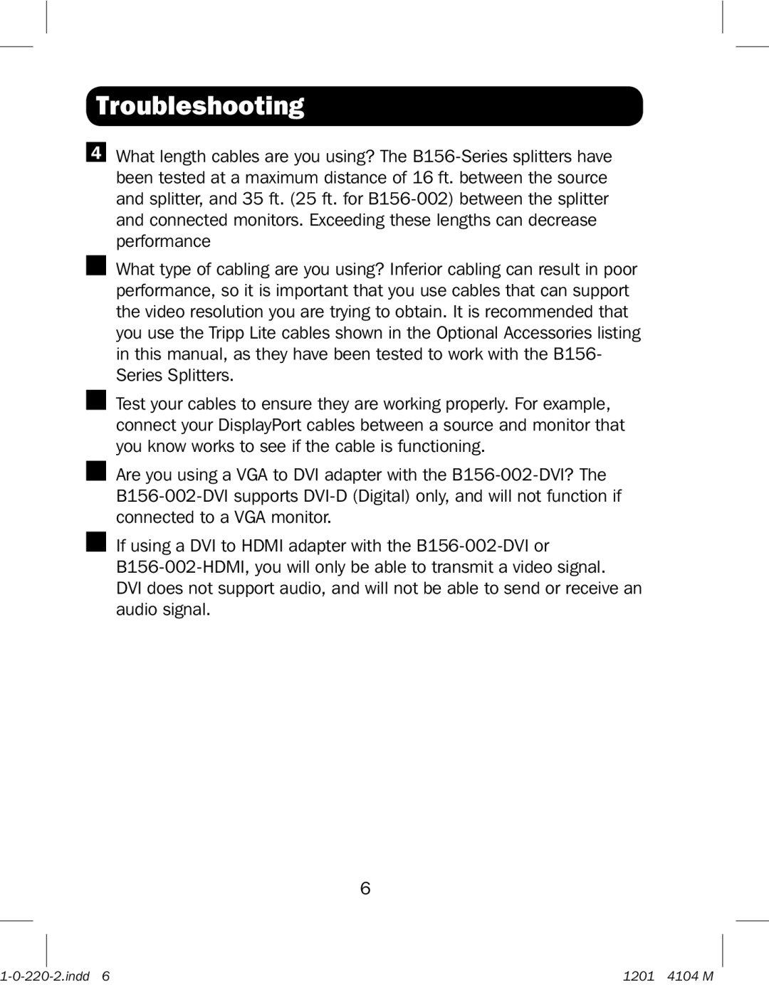 Tripp Lite B156-002-DVI, B156-002-HDMI owner manual Troubleshooting 