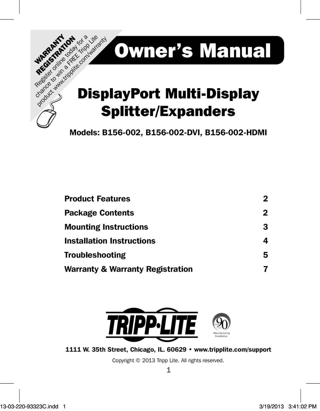 Tripp Lite B156-002 owner manual DisplayPort Multi-Display, Splitter/Expanders, Product Features, Package Contents 