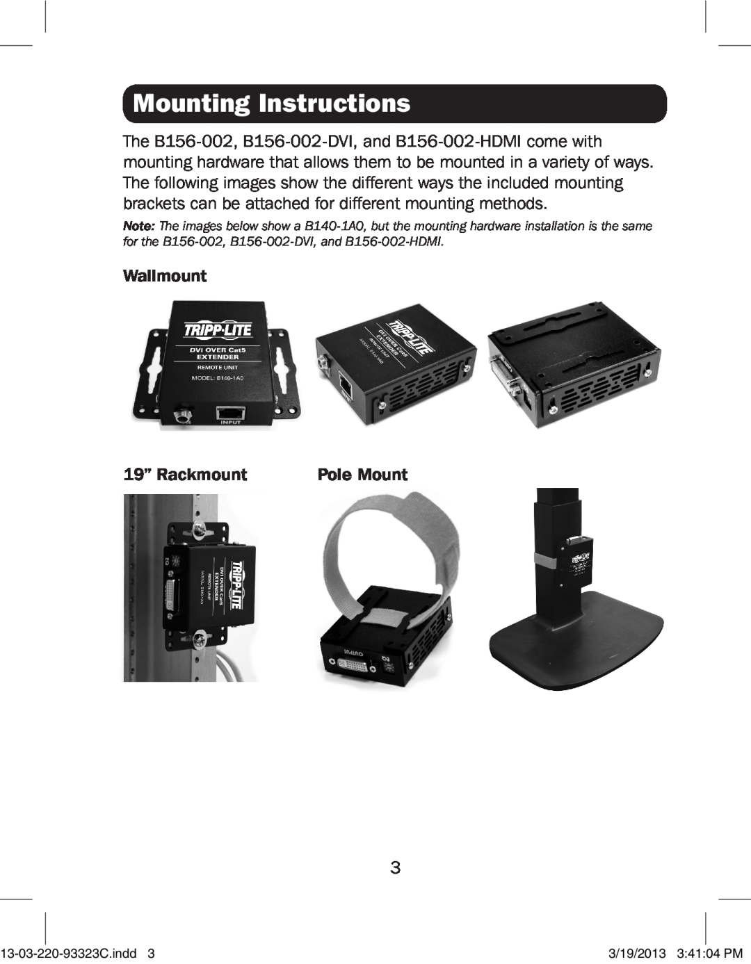 Tripp Lite B156-002-DVI, B156-002-HDMI owner manual Mounting Instructions 
