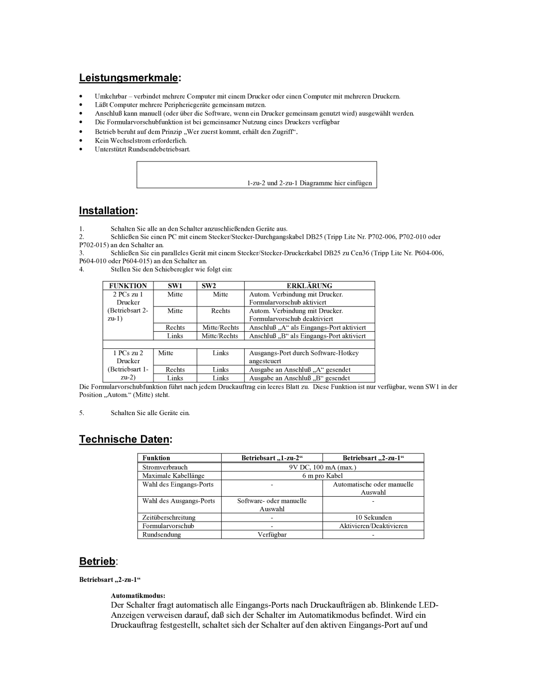 Tripp Lite B160-002-R user manual Leistungsmerkmale, Technische Daten, Betrieb, Funktion SW1 SW2 Erklärung 