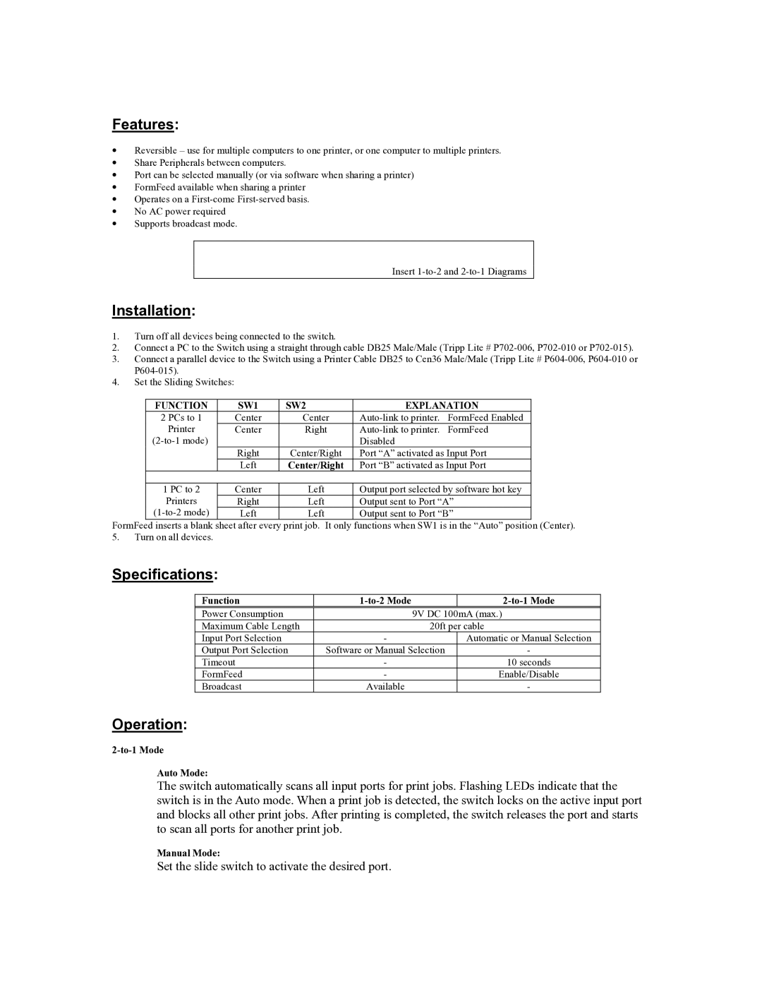 Tripp Lite B160-002-R user manual Features, Installation, Specifications, Operation, Function SW1 SW2 Explanation 