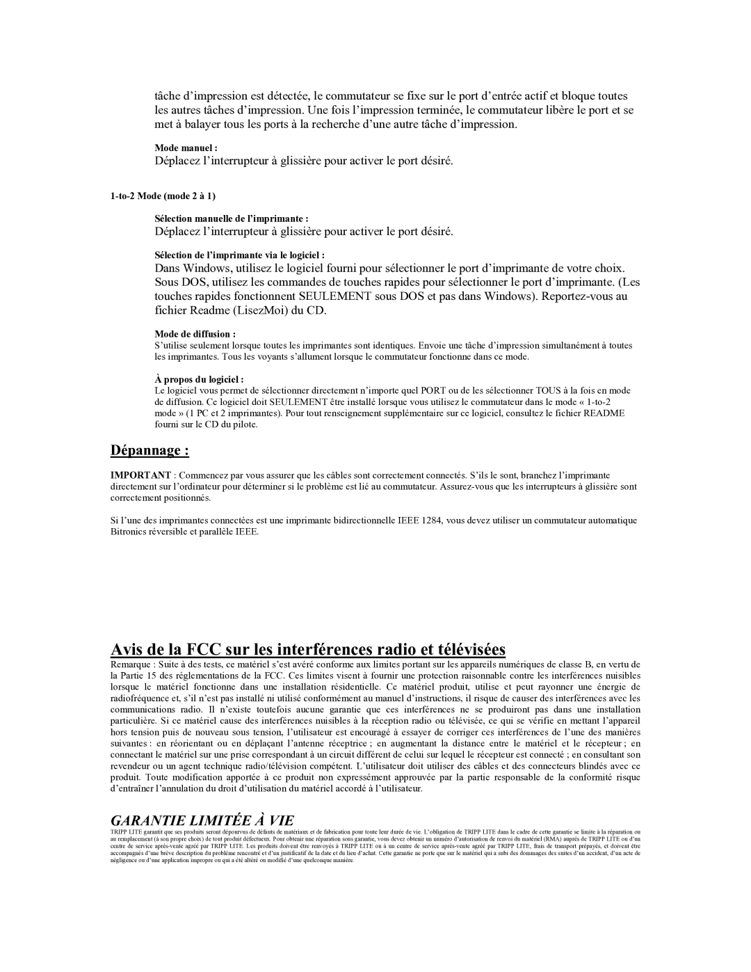 Tripp Lite B160-002-R Avis de la FCC sur les interférences radio et télévisées, Dépannage, Garantie Limitée À VIE 