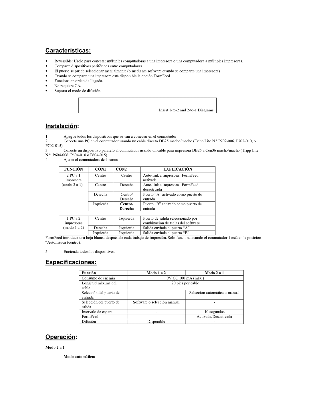 Tripp Lite B160-002-R user manual Características, Instalación, Especificaciones, Operación, Función CON1 CON2 Explicación 