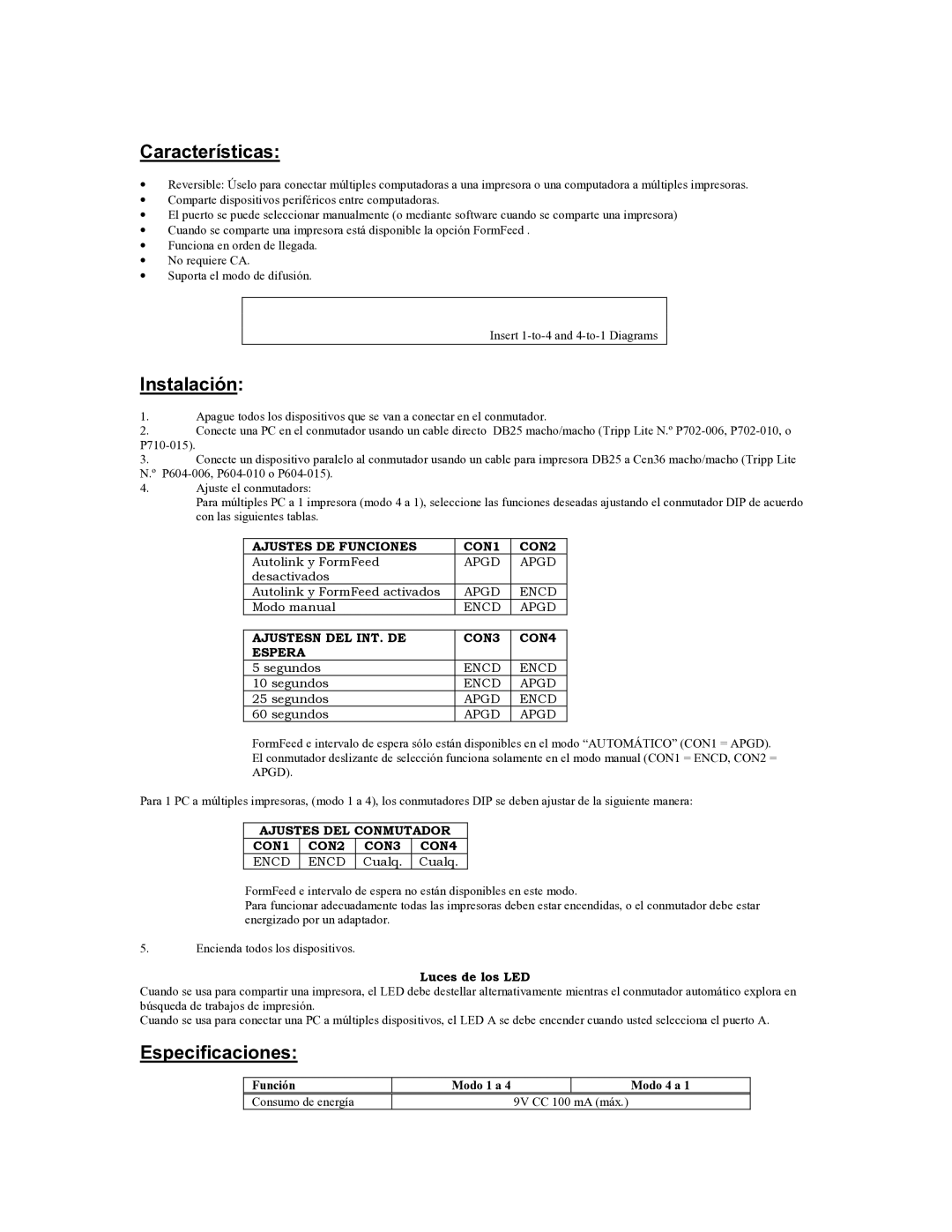 Tripp Lite B160-004-R user manual Características, Instalación, Especificaciones, Función Modo 1 a Modo 4 a 