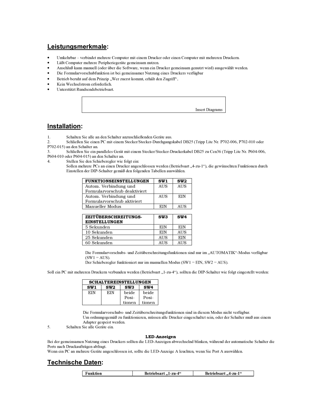 Tripp Lite B160-004-R user manual Leistungsmerkmale, Technische Daten, Funktion Betriebsart „1-zu-4 Betriebsart „4-zu-1 