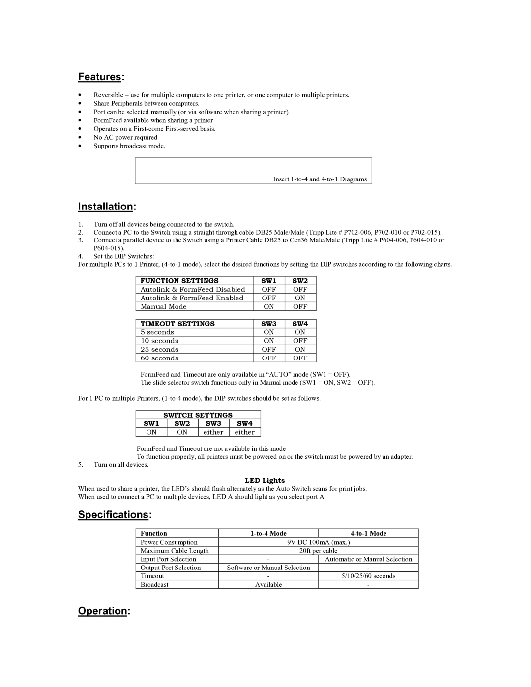 Tripp Lite B160-004-R user manual Features, Installation, Specifications, Operation, Function To-4 Mode To-1 Mode 