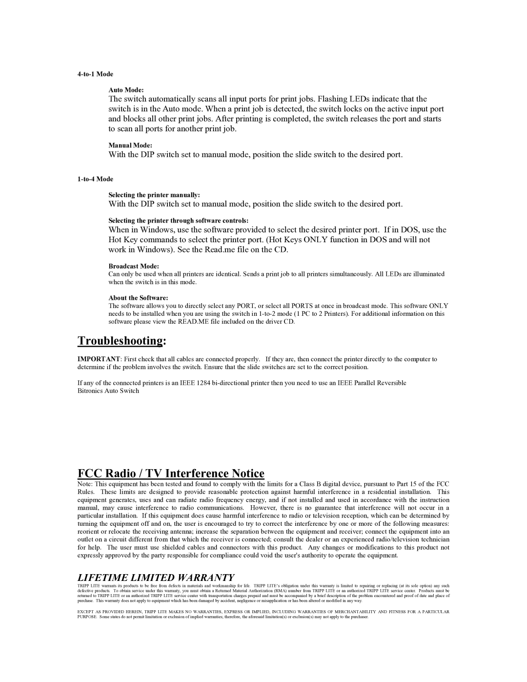 Tripp Lite B160-004-R user manual Troubleshooting, FCC Radio / TV Interference Notice, Lifetime Limited Warranty 