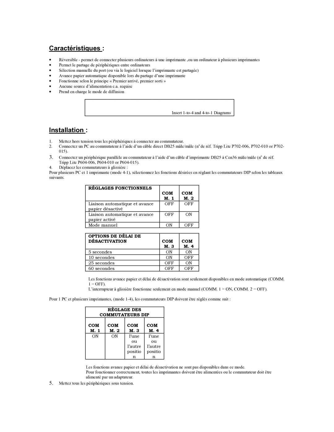 Tripp Lite B160-004-R user manual Caractéristiques, Réglages Fonctionnels COM, Options DE Délai DE COM Désactivation 