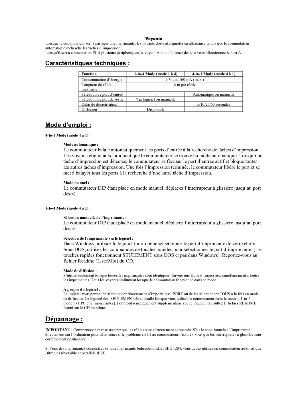 Tripp Lite B160-004-R user manual Dépannage, Caractéristiques techniques, Mode d’emploi 