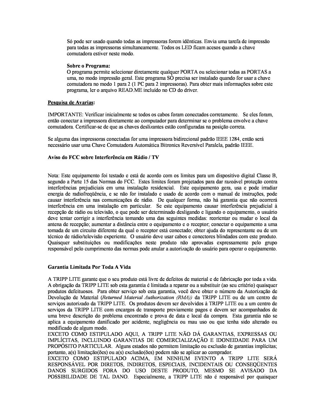 Tripp Lite B160-004-R user manual Sobre o Programa, Pesquisa de Avarias, Aviso do FCC sobre Interferência em Rádio / TV 