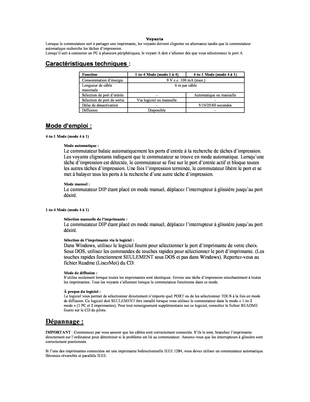 Tripp Lite B160-004-R user manual Dépannage, Caractéristiques techniques, Mode d’emploi 