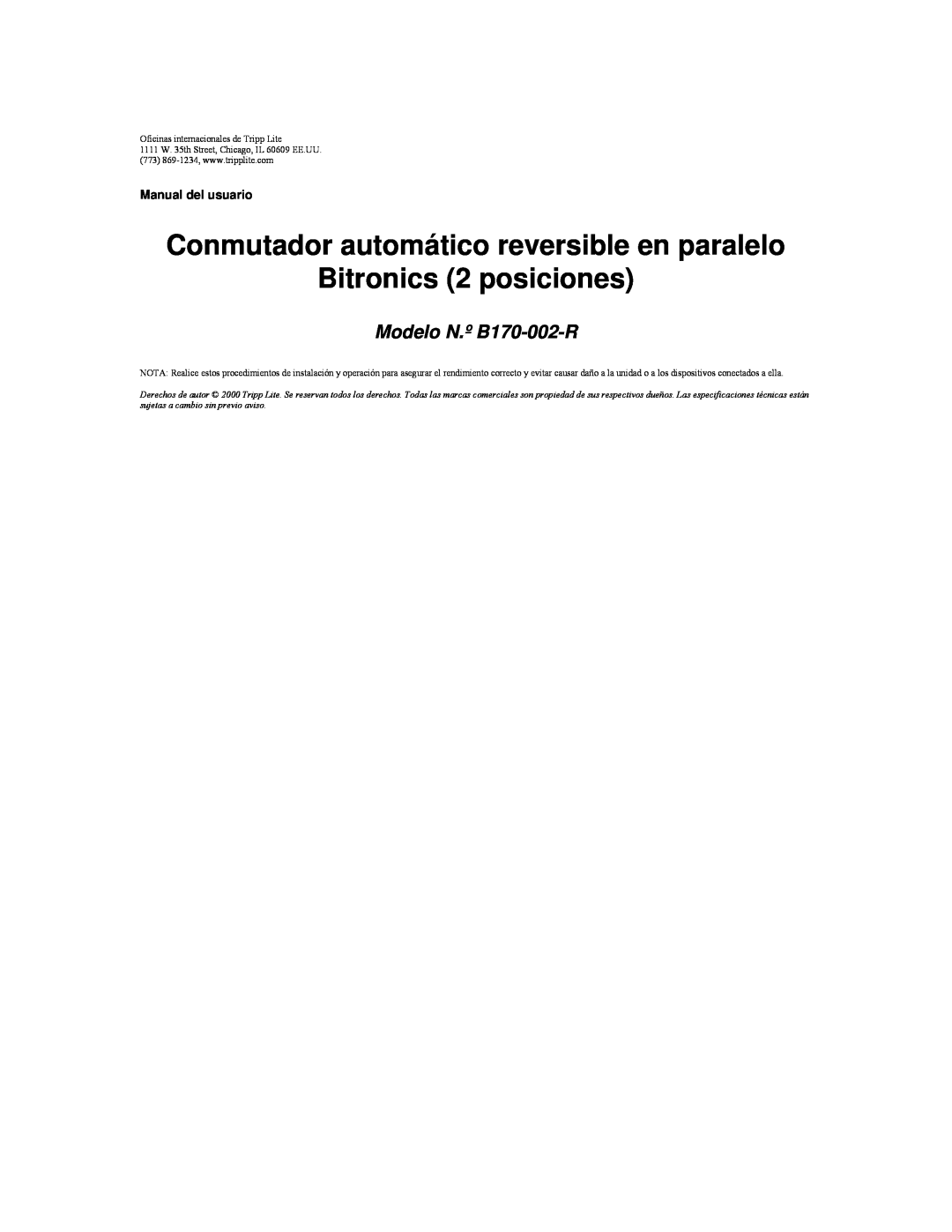 Tripp Lite user manual Conmutador automático reversible en paralelo Bitronics 2 posiciones, Modelo N.º B170-002-R 