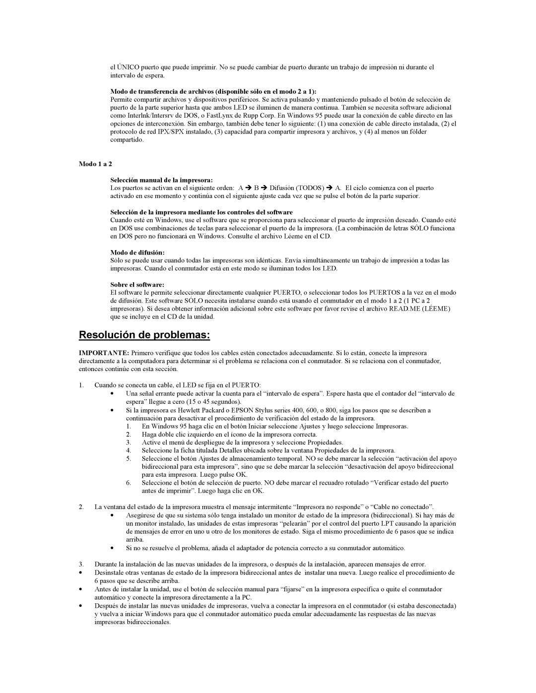 Tripp Lite B170-002-R user manual Resolución de problemas, Modo 1 a Selección manual de la impresora, Modo de difusión 