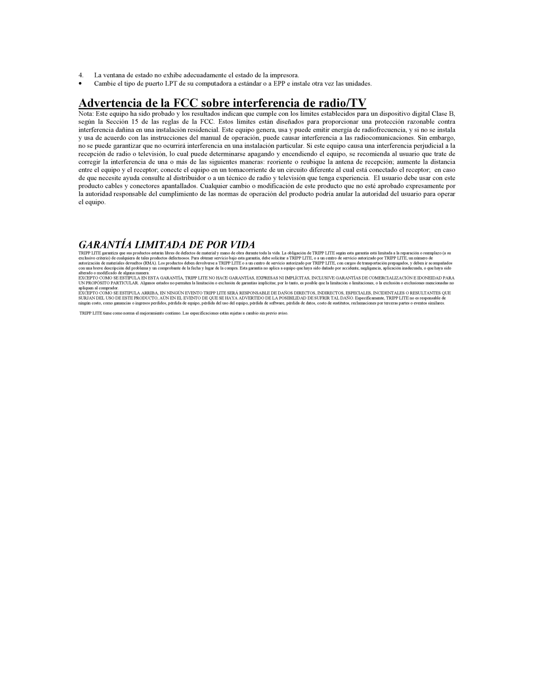 Tripp Lite B170-002-R user manual Advertencia de la FCC sobre interferencia de radio/TV, Garantía Limitada DE POR Vida 