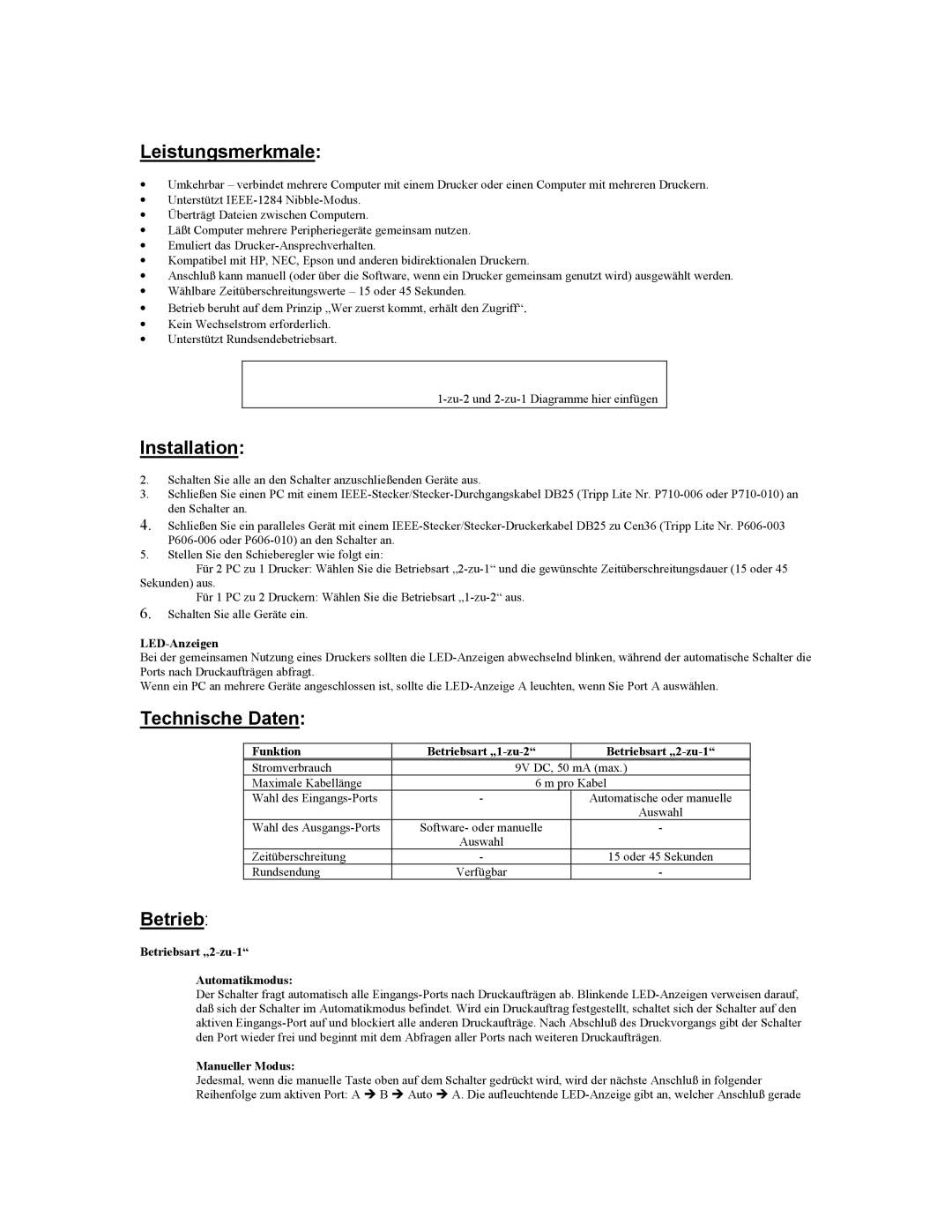 Tripp Lite B170-002-R user manual Leistungsmerkmale, Technische Daten, Betrieb 