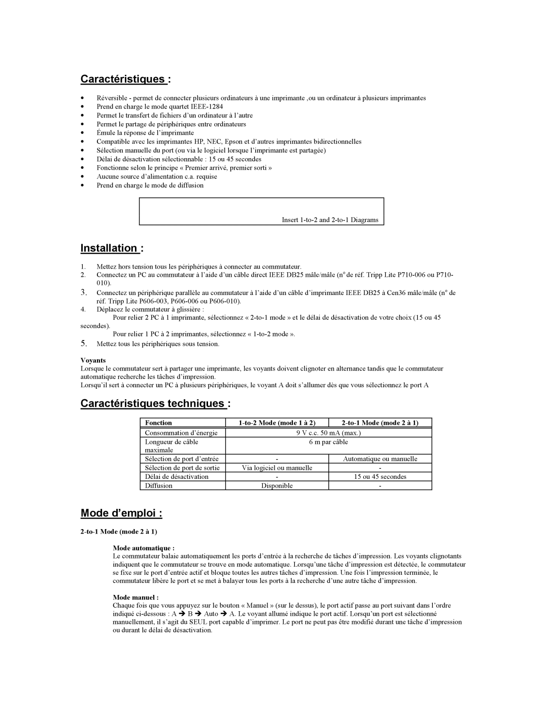 Tripp Lite B170-002-R user manual Caractéristiques techniques, Mode d’emploi 