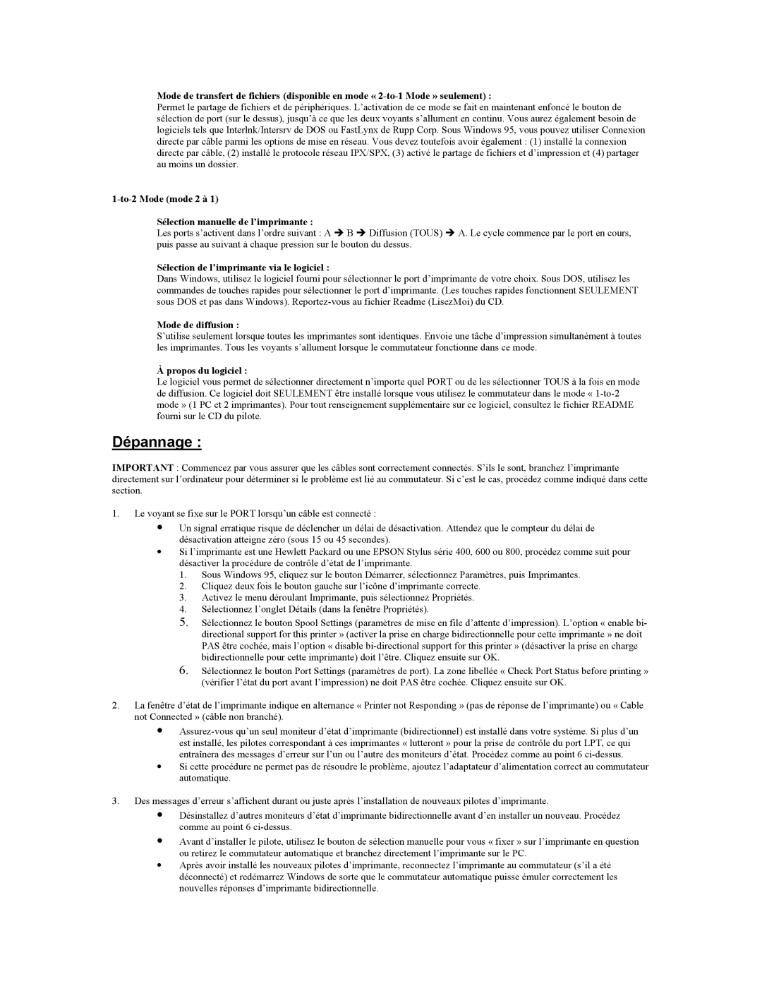 Tripp Lite B170-002-R user manual Dépannage, To-2 Mode mode 2 à Sélection manuelle de l’imprimante, Mode de diffusion 