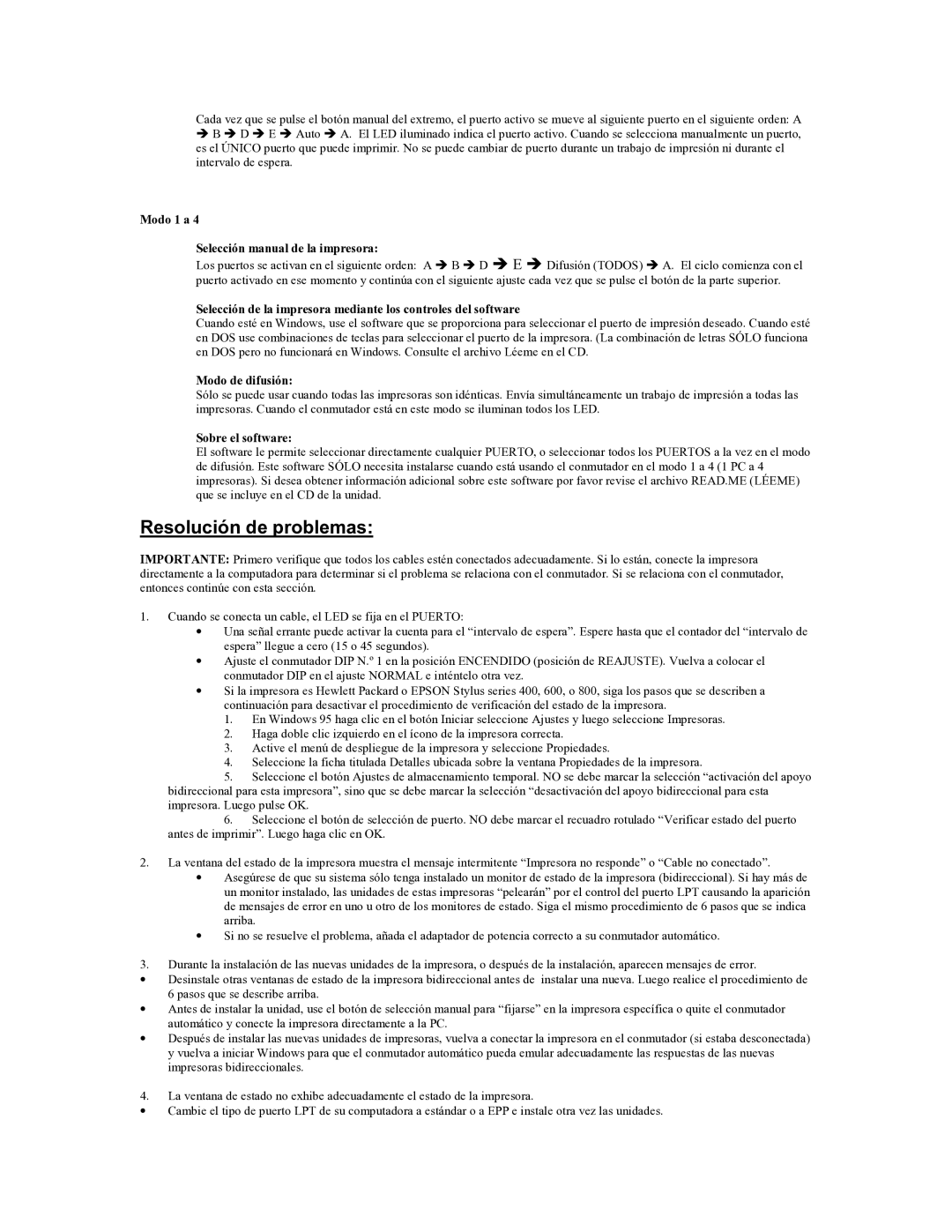 Tripp Lite B170-004-R user manual Resolución de problemas, Modo 1 a Selección manual de la impresora, Modo de difusión 