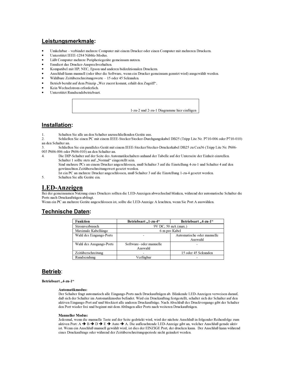 Tripp Lite B170-004-R user manual LED-Anzeigen, Leistungsmerkmale, Technische Daten, Betrieb 