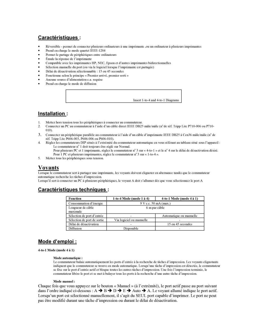 Tripp Lite B170-004-R user manual Voyants, Caractéristiques techniques, Mode d’emploi 