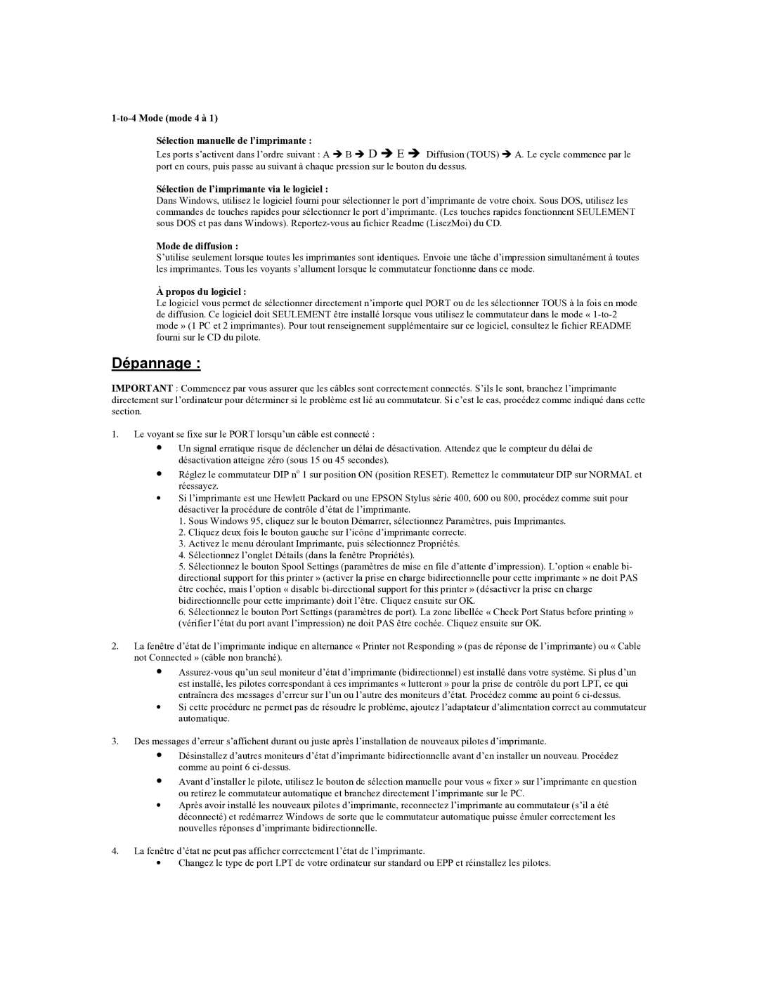 Tripp Lite B170-004-R user manual Dépannage, To-4 Mode mode 4 à Sélection manuelle de l’imprimante, Mode de diffusion 